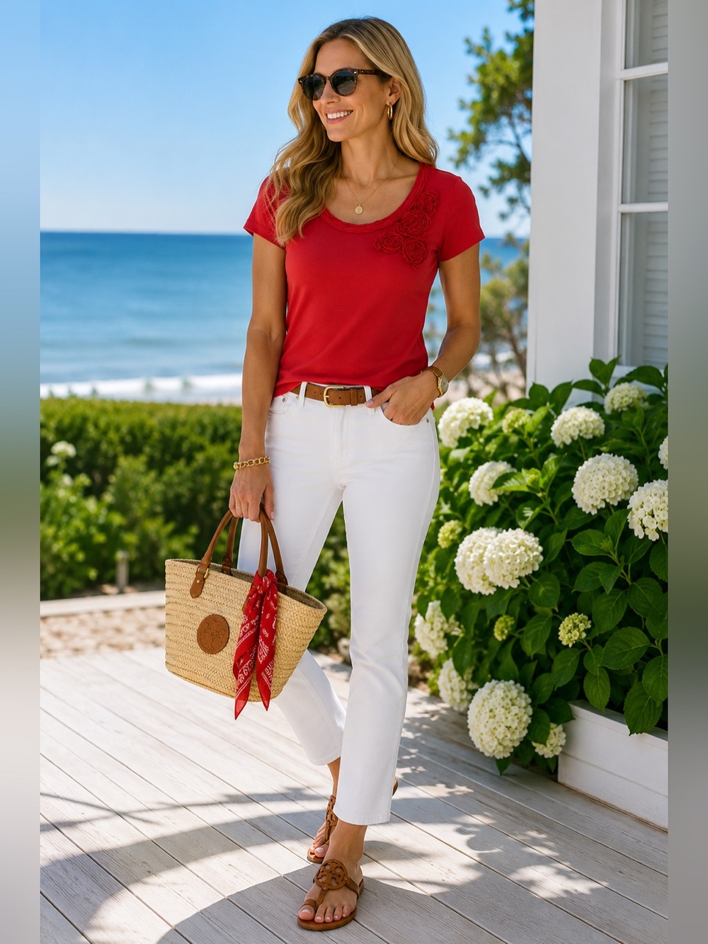 Banana Republic Pink Rosette Appliqué Scoop Neck Stretch Tee